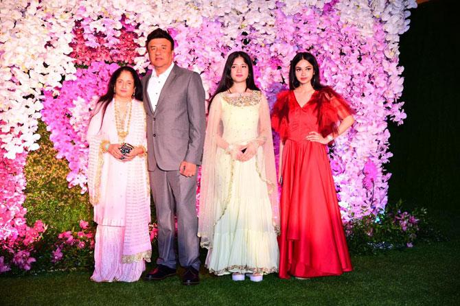 Singer and music composer Anu Malik, wife Anju Anu Malik, and daughters Ada Malik and Anmol Malik attended the glitzy celebration in honour of newly-weds Akash Ambani and Shloka Mehta