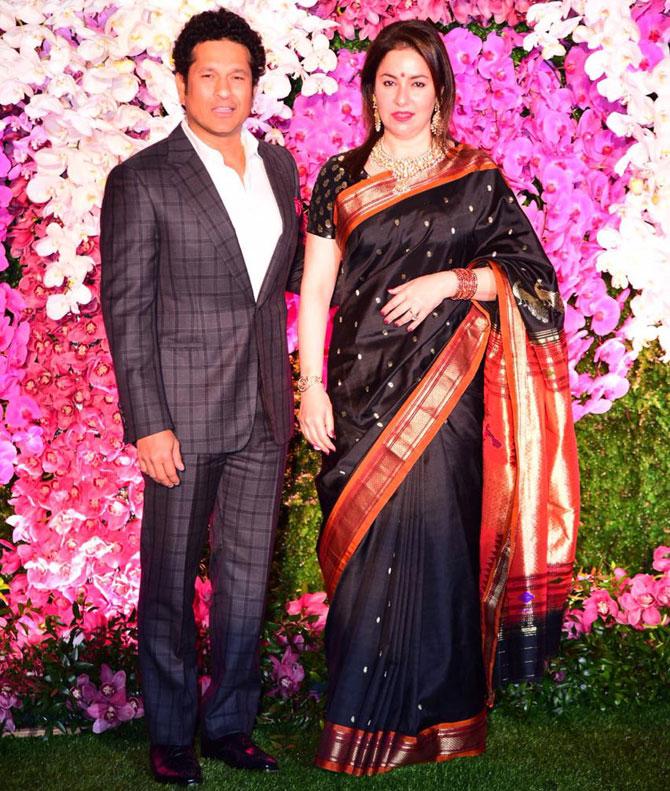Cricket legend Sachin Tendulkar with wife Anjali Tendulkar attended the glitzy celebration in honour of newly-weds Akash Ambani and Shloka Mehta