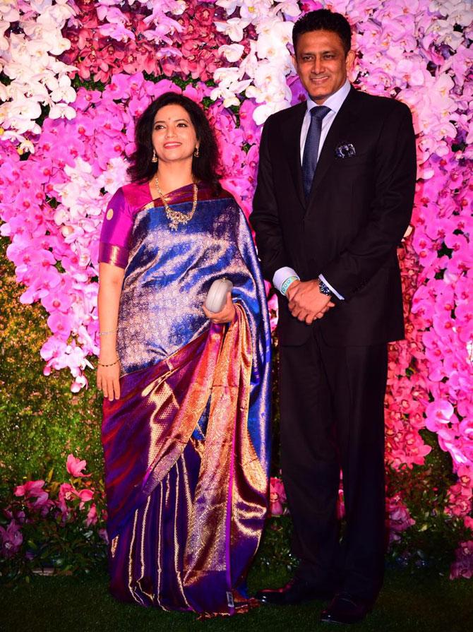 Former Indian cricketer Anil Kumble attended the glitzy celebration in honour of newly-weds Akash Ambani and Shloka Mehta wirth wife Chethana Ramatheertha