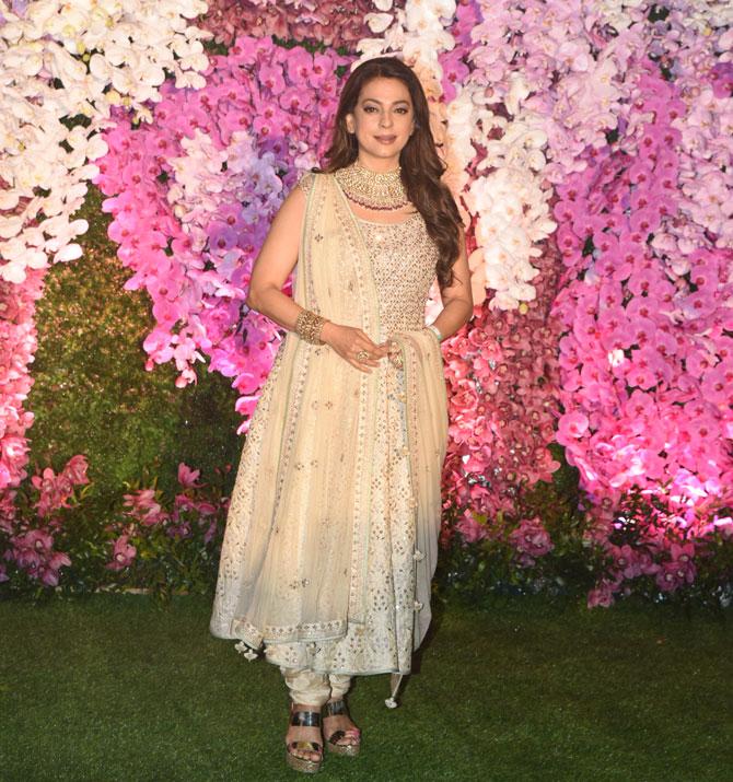 Actress Juhi Chawla attended the glitzy celebration in honour of newly-weds Akash Ambani and Shloka Mehta