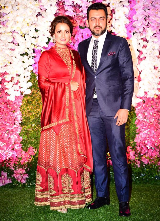 The gorgeous Dia Mirza with husband Sahil Sangha attended the glitzy celebration in honour of newly-weds Akash Ambani and Shloka Mehta