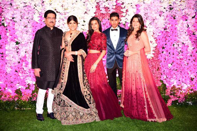 Industrialist Kumar Mangalam Birla, wife Neerja Birla, daughter Ananya Birla, Advaitesha and son Aryaman attended the glitzy celebration in honour of newly-weds Akash Ambani and Shloka Mehta