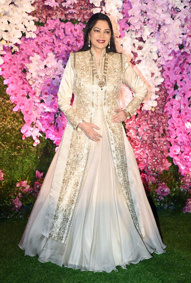 Simi Grewal attended the glitzy celebration in honour of newly-weds Akash Ambani and Shloka Mehta in her trademark white colour style 
