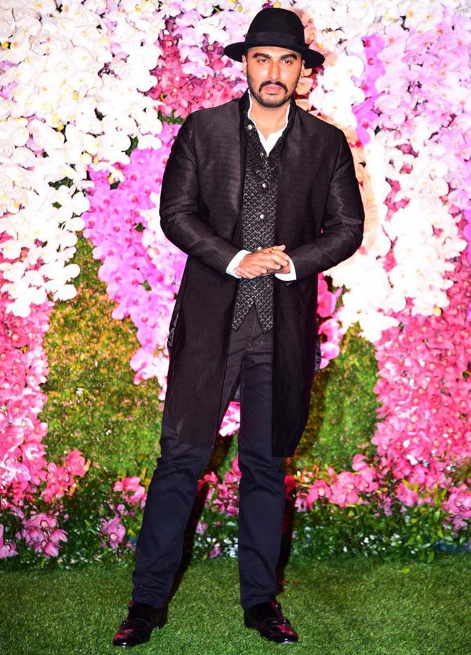 Arjun Kapoor attended the glitzy celebration in honour of newly-weds Akash Ambani and Shloka Mehta. He wore a hat, a look that was similar at Ranveer Singh-Deepika Padukone's wedding reception in Mumbai