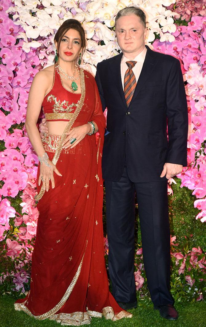 Industrialist Gautam Singhania and wife Nawaz Modi Singhania attended the glitzy celebration in honour of newly-weds Akash Ambani and Shloka Mehta