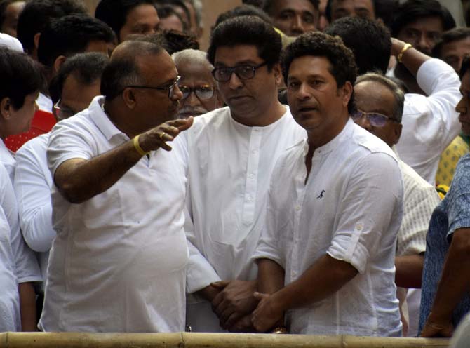 In picture: Raj Thackeray and Sachin Tendulkar attend the last rites of the latter's coach childhood coach Ramakant Achrekar, who passed away on January 2, 2018, at the age of 86 due to age-old ailments.