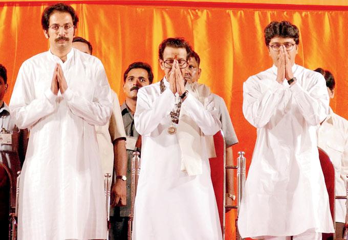 In picture: Raj Thackeray with his late uncle Bal Thackeray and cousin Uddhav Thackeray, who is the current chief of Shiv Sena and chief minister of Maharashtra