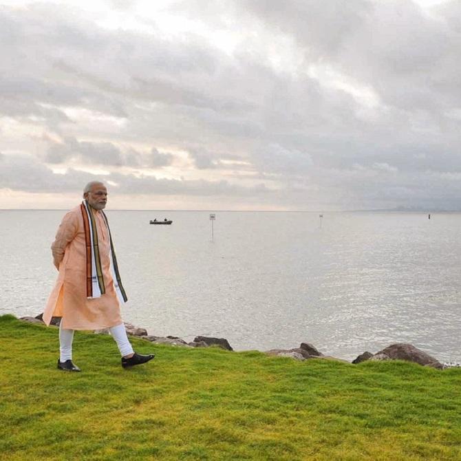 Narendra Modi strolled at a beach in Fuji, Japan. He captioned the picture, 