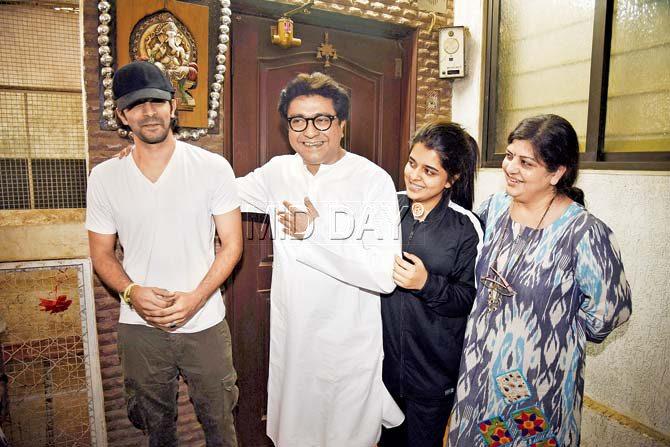 During the 2014 Maharashtra Assembly elections Raj Thackeray soft-launched his son Amit into politics and held road shows across the city of Mumbai. In 2017, during the civic polls, Amit Thackeray started a Facebook page to interact with the youth. 
In pic: Raj Thackeray is caught sharing a light moment with son Amit, daughter Urvashi and wife Sharmila at their Shivaji Park residence in Mumbai.