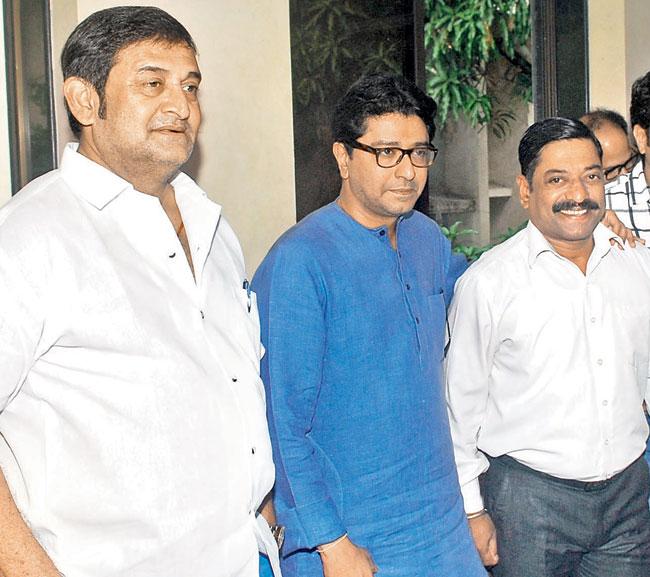 In picture: Raj Thackeray attending the Marathi play 'Gholat Ghol' which completed 100 shows. Also seen in the picture is Mahesh Manjrekar and Sanjay Narverkar.