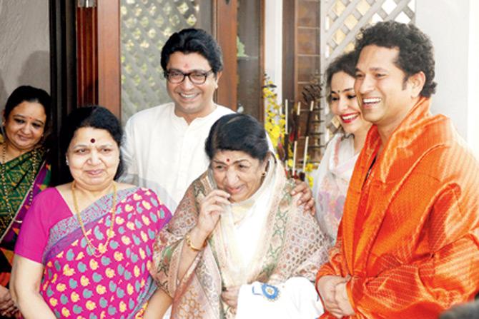 From book launches to social events and from lunch outings to playing the perfect hosts, Raj Thackeray has forged lifelong relations with movie industry stalwarts, sports personalities and Mumbai socialites. In picture: Raj and Sharmila Thackeray host Sachin Tendulkar and Lata Mangeshkar, both Bharat Ratna award winners, on the occasion of the eighth anniversary of his party MNS at his residence in Dadar.