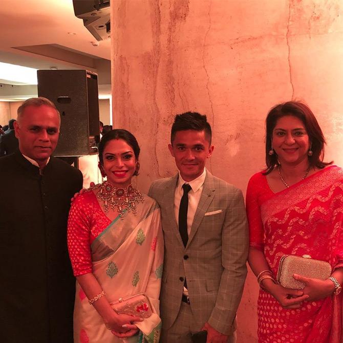 In picture: Priya Dutt and husband Owen Roncon have a fan moment with Indian football star Sunil Chhetri and his wife Sonam Bhattacharya.