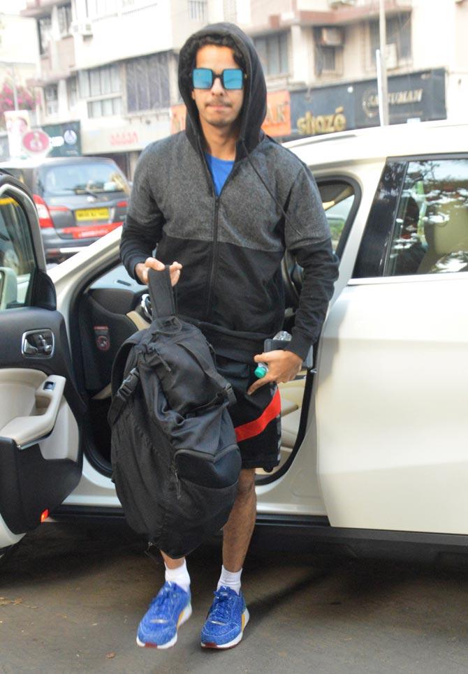 Ishaan Khatter was all bundled up on his day out in the city. The Dhadak actor was seen sporting a pair of shorts, a grey hoodie over a blue t-shirt, sunglasses and sneakers.