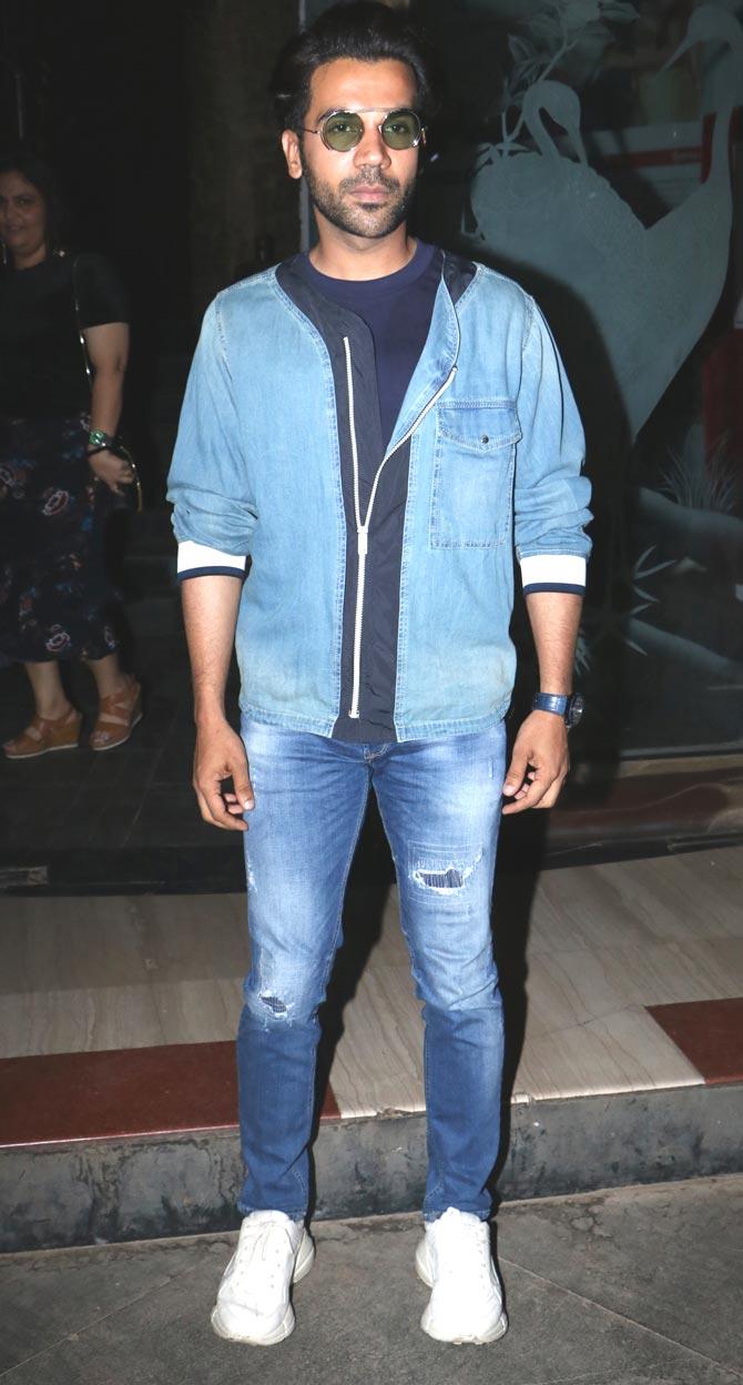 Rajkummar Rao sported a casual look - a navy blue t-shirt, paired with a denim jacket and pants for the dinner outing held at a popular restaurant in Khar, Mumbai.