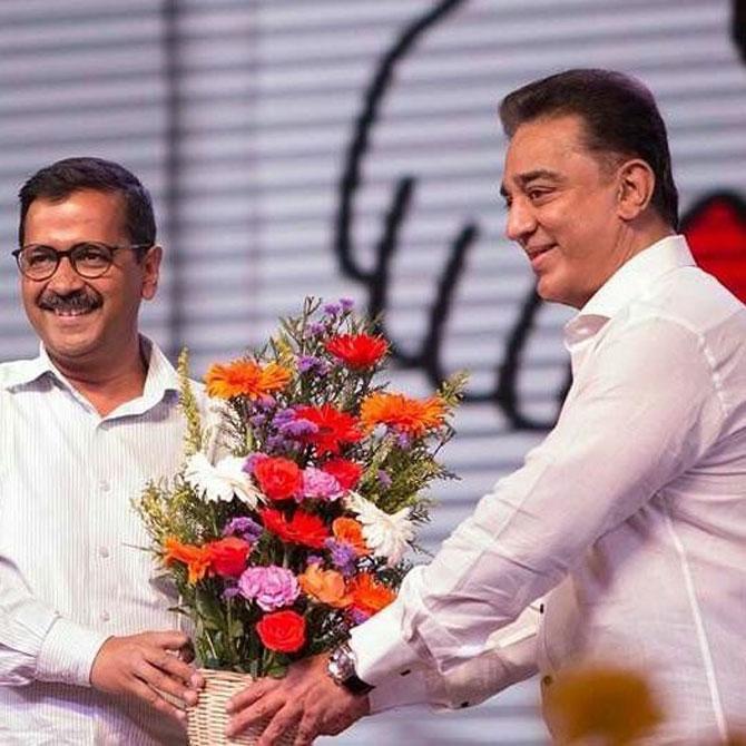 Arvind Kejriwal strongly believes that political corruption is the root cause of corruption in the country. It is evident from the various scams involving political figures that have been exposed by the media.
In picture: Arvind Kejriwal with Kamal Haasan