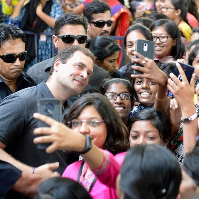 In pic: Congress leader Rahul Gandhi poses for a selfie with his young friends after the Stella Maris Town Hall in Chennai.