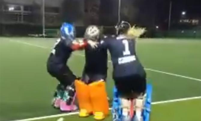 The Triangle Challenge began in February and picked up momentum. Gradually the challenge has become a something of a stir online. Now netizens are grabbing their favourite dance partners to try it.
In pic: Three hockey goalkeepers are seen trying the #TriangleChallenge before training for their match.