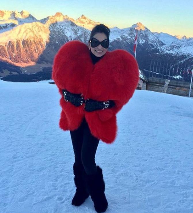 Sheetal Mafatlal's fashion sense is not only classy but also unique. This red fur winter jacket will definitely stand out from the crowd. 