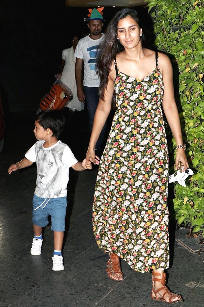 Pragya Yadav, director Abhishek Kapoor's wife was also snapped with son Isaana at the same restaurant in Khar, Mumbai.
