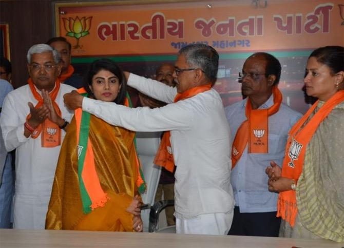 Rivaba Jadeja joined the BJP party in the presence of Gujarat cabinet minister R C Faldu, MP Poonamben and MLA Bakubhai Jadeja in Jamnagar ahead of Prime Minister Narendra Modi's visit to the state.