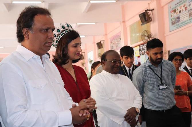 In picture: Ashish Shelar attends the Annual Talent Exhibition of St Mary's School ICSE in Mazgaon with Ms. India Earth, Suruchi Hirawat.