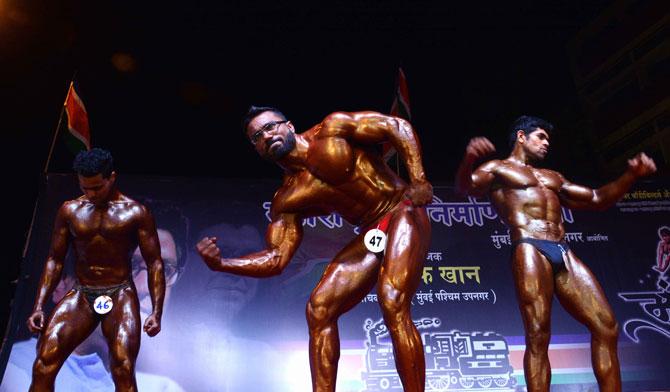 The competitors try to look their best during the Mumbai Bodybuilding competition 'Mumbai Shree 2019', organised by Maharashtra Navnirman Sena (MNS) at Vithaldas Nagar, Khar in Mumbai on Sunday. 