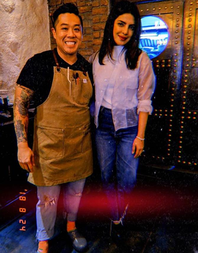 Chef Kelvin Cheung, owner of the popular Bandra eatery poses for a photo with actress and global star Priyanka Chopra. Kelvin captioned it: When KC met PC.....!