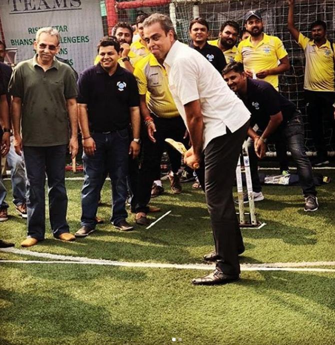 In photo: Milind Deora is seen displaying his cricketing skills with the bat at the MASSMA Cup 2018 in Mumbai