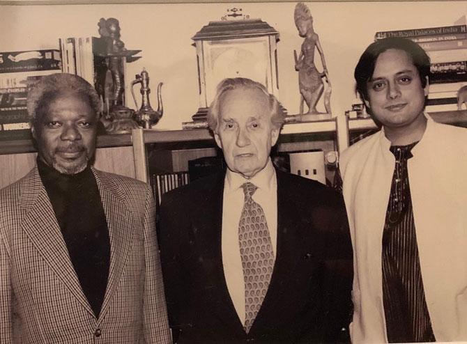 While he was studying at The Fletcher School of Law and Diplomacy, he was awarded the Robert B Stewart Prize for Best Student. He even founded Fletcher Forum of International Affairs, a biannual peer-reviewed academic journal, with his fellow students at the University. He even became the first editor of the journal.
In picture: Shashi Tharoor with Kofi Annan and Sir Brian Urquhart