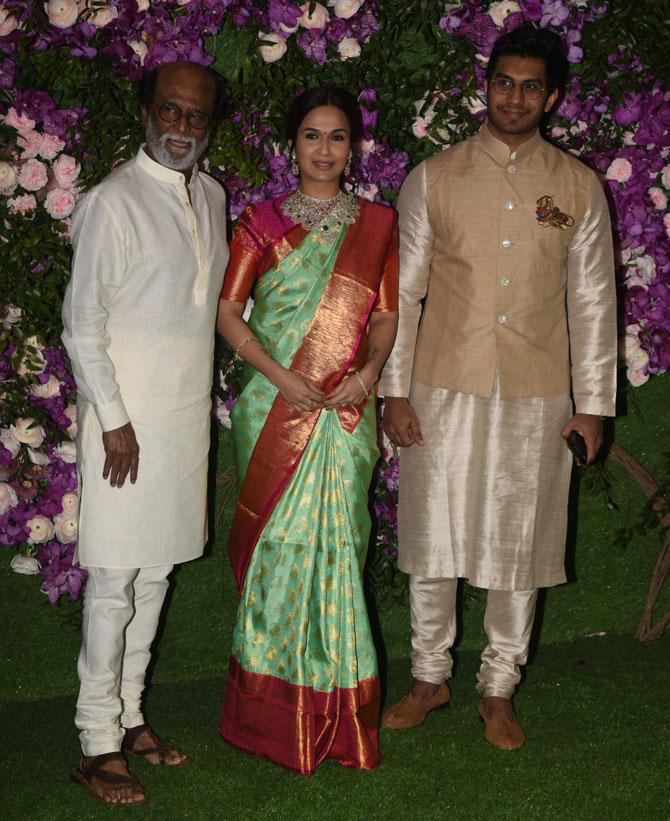 Superstar Rajinikant with newly-wed daughter Soundarya and son-in-law Vishagan attended the grand wedding of industrialist Mukesh Ambani's son Akash Ambani with Shloka Mehta