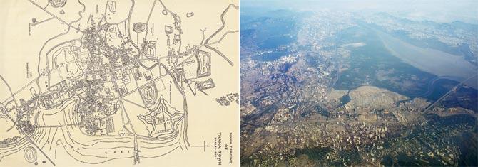 Aerial photograph of Chembur to Thane, January 2019; (extreme left) Archival Map - Plan showing proposed improvements to the Town of Thana. The map was first printed in 1915 (grudgingly by municipal authorities who disagreed with Geddes’ town planning methods), again in 1965 (apologetically by municipal authorities who felt his ideas were of value), and in 1971 (celebrated by Thane municipal authorities who idolised the town planner and his historic visit of 1915). He envisioned Thane more as a scenic locale for Bombayites, than as a dormitory town emptied daily to the island city. He suggested beautifying Masunda Tank, planting trees through the old city, and a collective Diwali celebration on a civic scale — to promote citizen engagement.