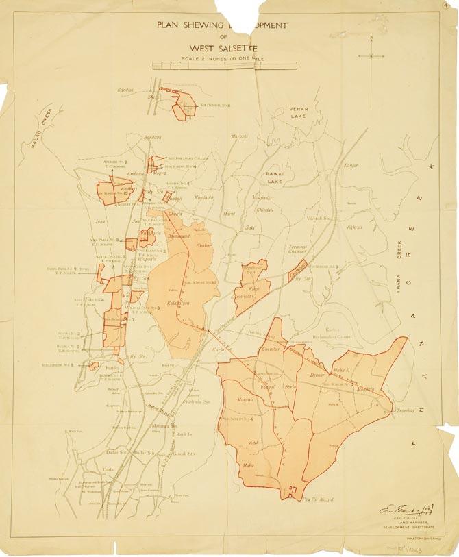 January 2019; Archival Map - Plan Showing Development of West Salsette, early 20th Century.  This map was part of Patrick Geddes’ personal collection acquired during his tenure in Bombay (1914 -1924).  The map, currently part of the Patrick Geddes Papers at the University of Strathclyde, shows the same area as the aerial photograph, almost exactly 100 years ago.  The airport was not imagined at the time, and the ground was to be occupied by the proposed Salsette-Trombay Railway. Aerial pics/robert stephens