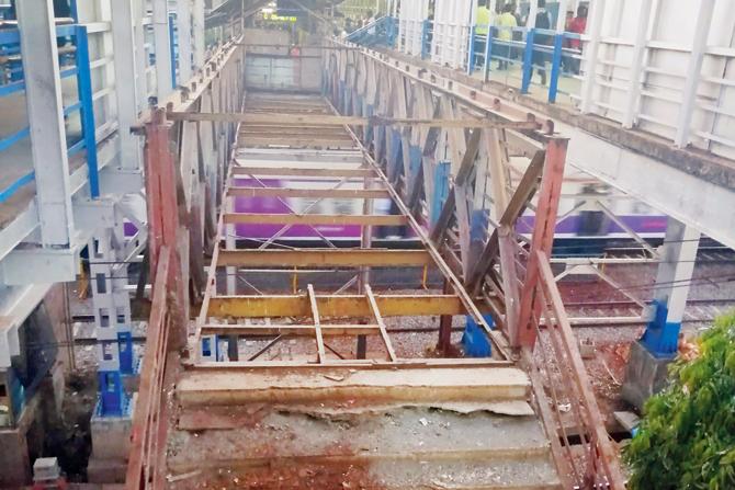 The foot overbridge at Bandra station that has not been dismantled yet