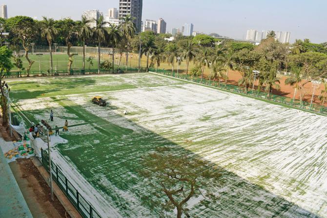 An aerial view of the artificial hockey turf being laid at Don Bosco, Matunga, yesterday. Pics/Ashish Raje