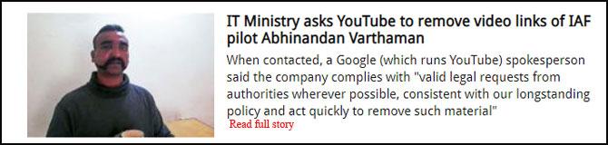IT Ministry asks YouTube to remove video links of IAF pilot Abhinandan Varthaman