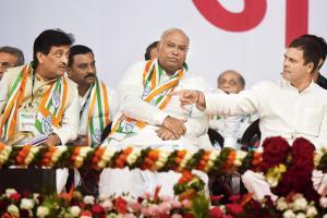 (From left) Former Maharashtra Chief Minister Ashok Chavan, senior Congress leader Mallikarjun Kharge, and party president Rahul Gandhi at the MMRDA grounds, BKC, on Friday. Pics/Suresh Karkera