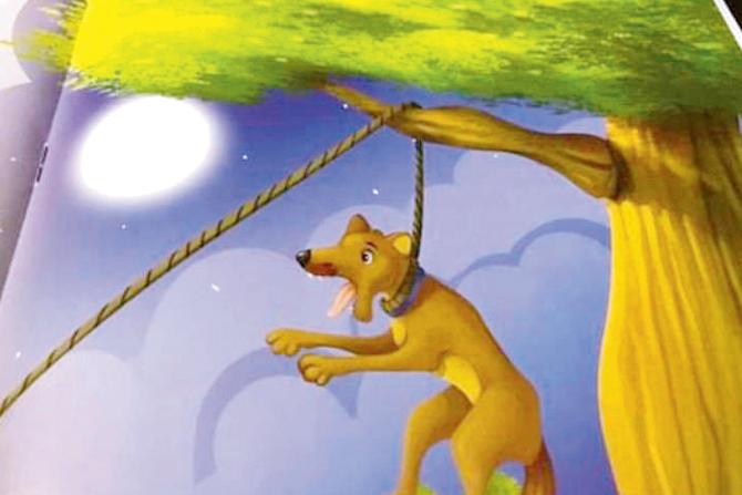 The illustration that shows a dog being hanged in the story