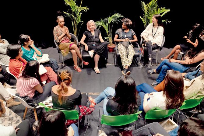 Rhythm Sister members and Perera Elsewhere (extreme right) at a talk in Delhi. Pics/Dolly Devi