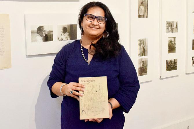 Publisher-curator Jesal Thacker seen with the new book Chitra-Vastuvichar, which pays homage to his diaries, and a diary note on the essence of Tantric art