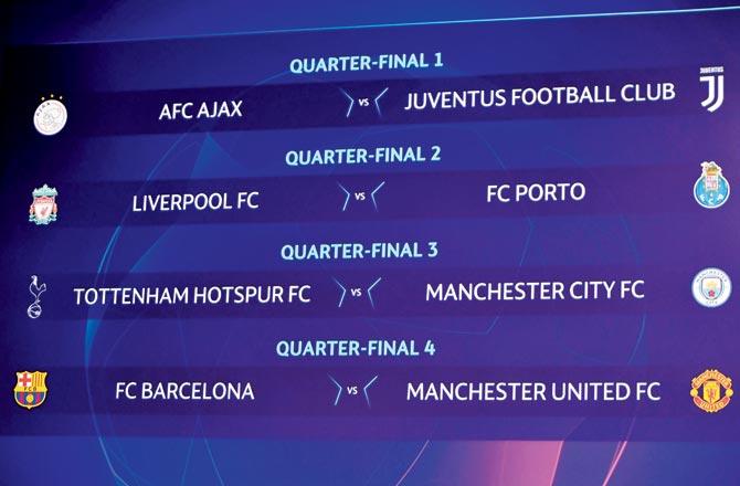 A screen displays the Champions League quarter-finals draw