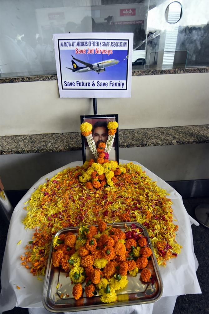 On May 1, 2019, All India Jet Airways Officers and Staff gathered at T2 Airport in Mumbai to pay condolence to late Shailesh Singh who committed suicide after the airline carrier suspended all its flight operations as it ran out of money and failed to raise bank loans