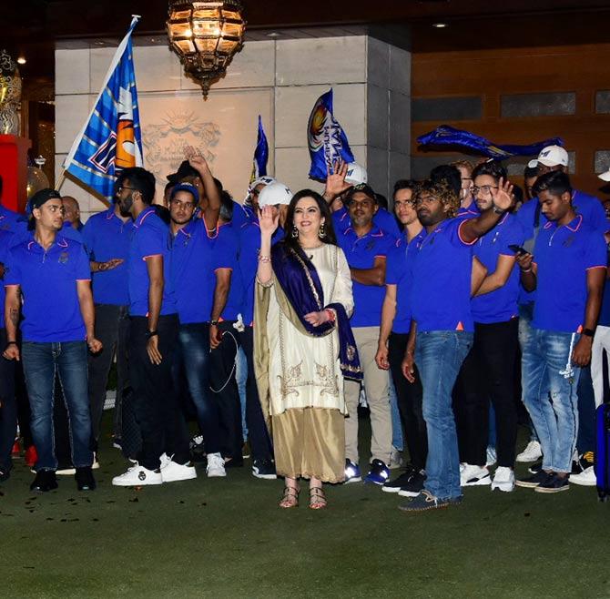 Nita Ambani with her victorious Mumbai Indians team at Antilia