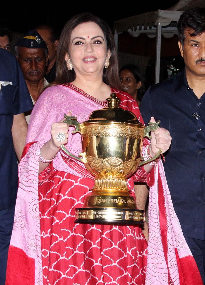 After the euphoria across the city as Mumbai Indians players toured the city in an open bus with the Indian Premier League crown, the coveted trophy found a special place in the Ambani household as owner Nita Ambani placed it at the feet of Lord Krishna and Radha in their temple inside the Antilia