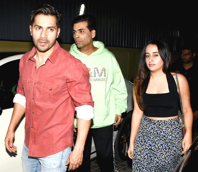 Varun Dhawan and girlfriend Natasha Dalal along with Karan Johar also attended the special screening of India's Most Wanted at a multiplex in Juhu. Varun wore a pink shirt and denim, while Natasha wore a black top and floral skirt.