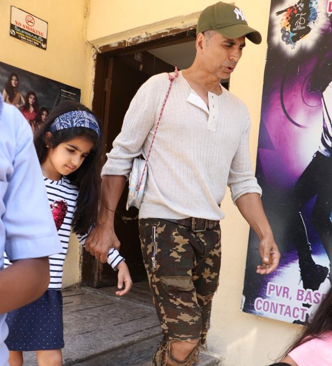 The shooting for Good News went on floors in November last year and ever since then, we are getting updates from the set. Apart from the Khiladi actor Good News also stars Diljit Dosanjh, Kareena Kapoor and Kiara Advani. It will hit the theatres on December 27.
In picture: Akshay Kumar with daughter Nitara at the multiplex in Juhu.