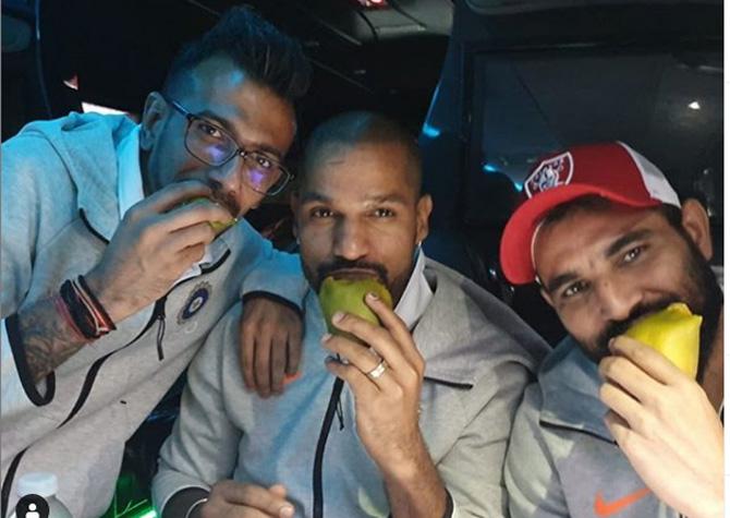 Mohammad Shami posted this picture with Shikhar Dhawan and Chahal having mangoes while on the team bus. He wrote, 