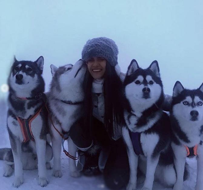 In photo: Ananya Birla enjoys being snuggled by a husky as she poses for a pic with the Huskies during her trip to Iceland