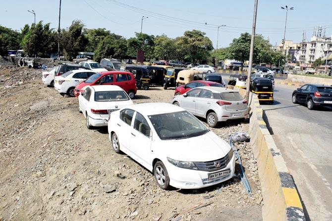 Private vehicles and autos are parked here since the Metro work began. PIC/ASHISH RAJE