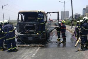Watch Video: Petrol tanker catches fire on Western Express Highway