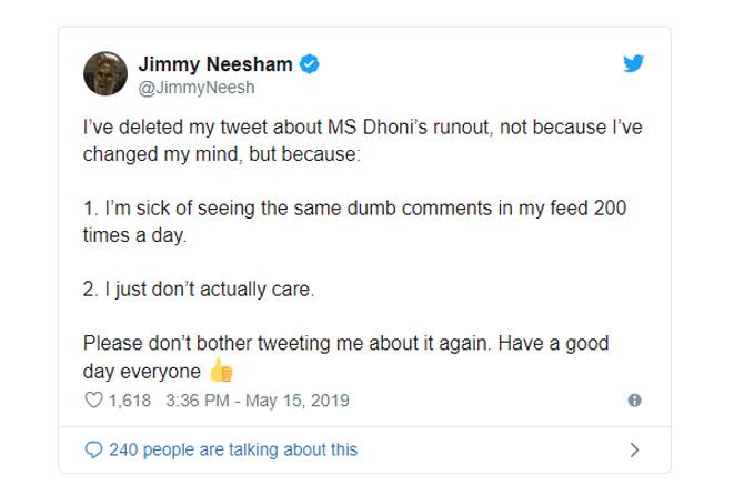 Screengrab of Neesham tweet
